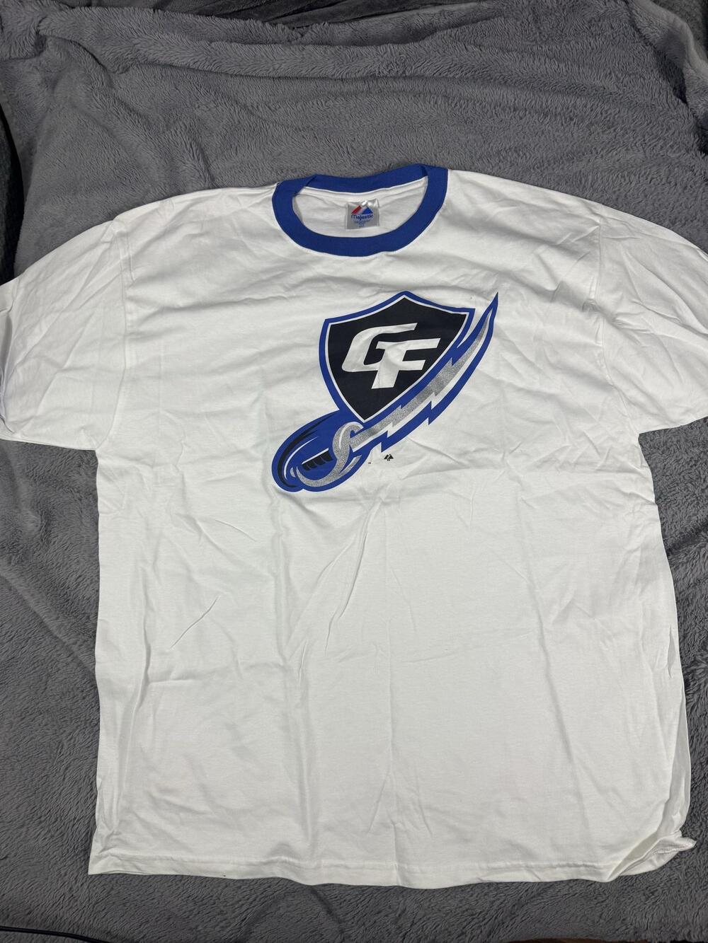 Majestic Shirt Mens 2XL White Blue CF Shield Graphic Short Sleeve Ringer Tee